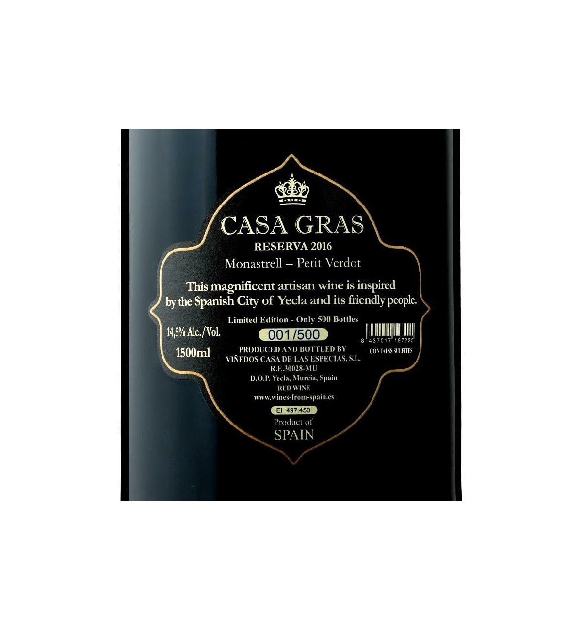 Casa Gras Reserva 2016 Monastrell-Petit Verdot MAGNUM * Yecla, Vino de autor, tinto ecológico, Casa Especias