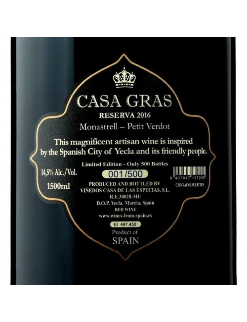 Casa Gras Reserva 2016 Monastrell-Petit Verdot MAGNUM * Yecla, Vino de autor, tinto ecológico, Casa Especias